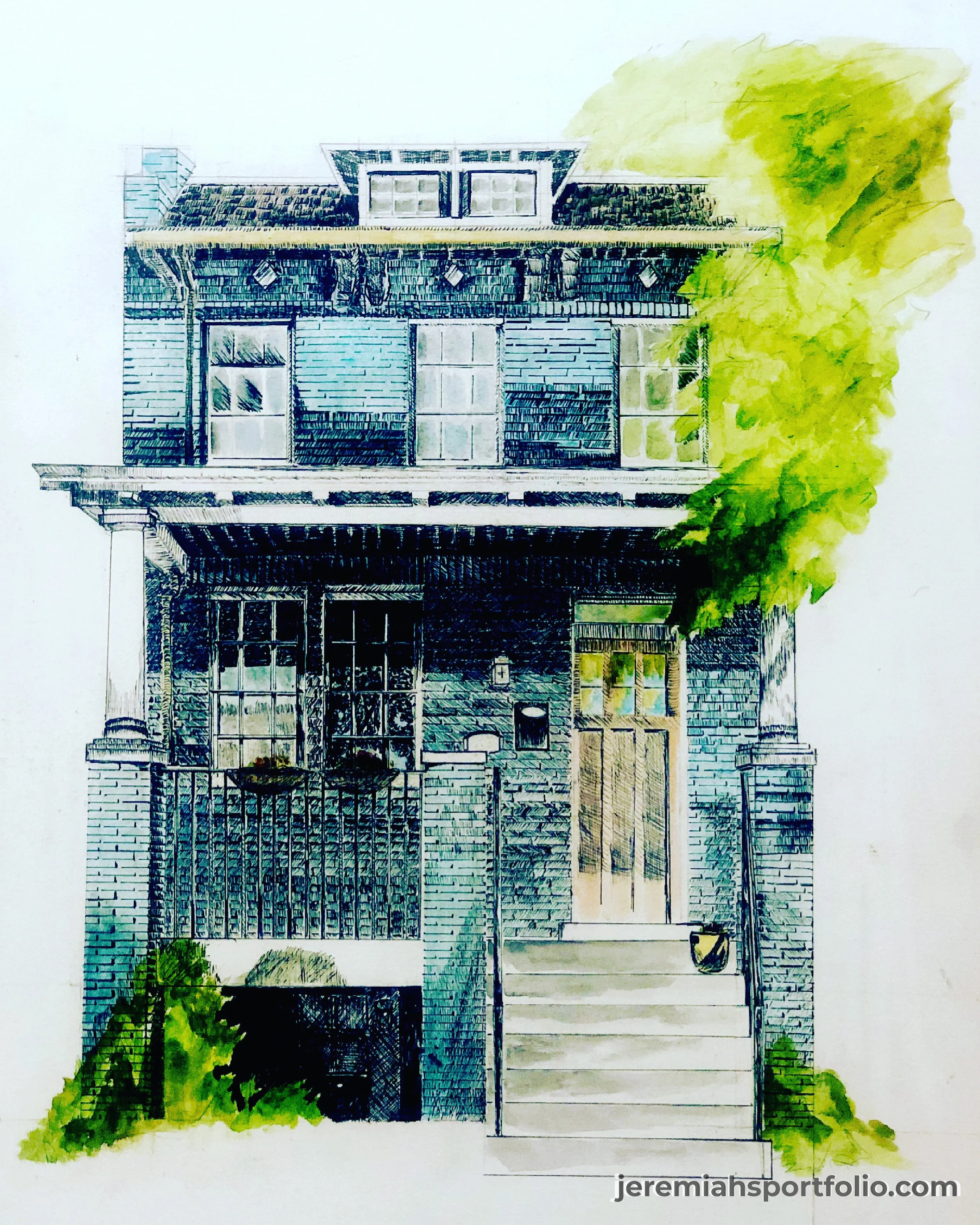 Watercolor architectural illustration of a modern house with brick exterior, large windows, and a balcony, surrounded by greenery.