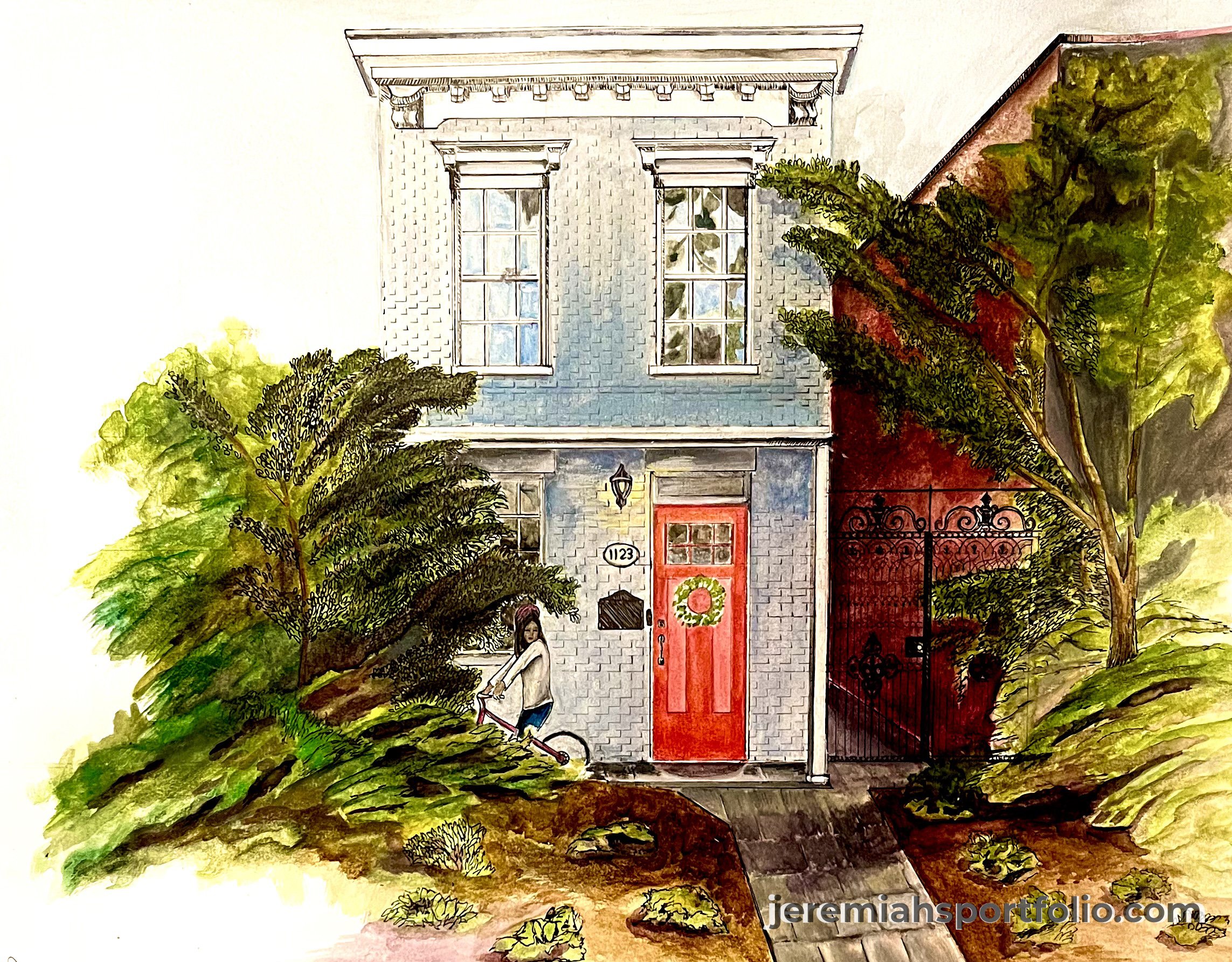 A watercolor painting of a house with a bright red door, two windows, and surrounded by green trees and bushes.