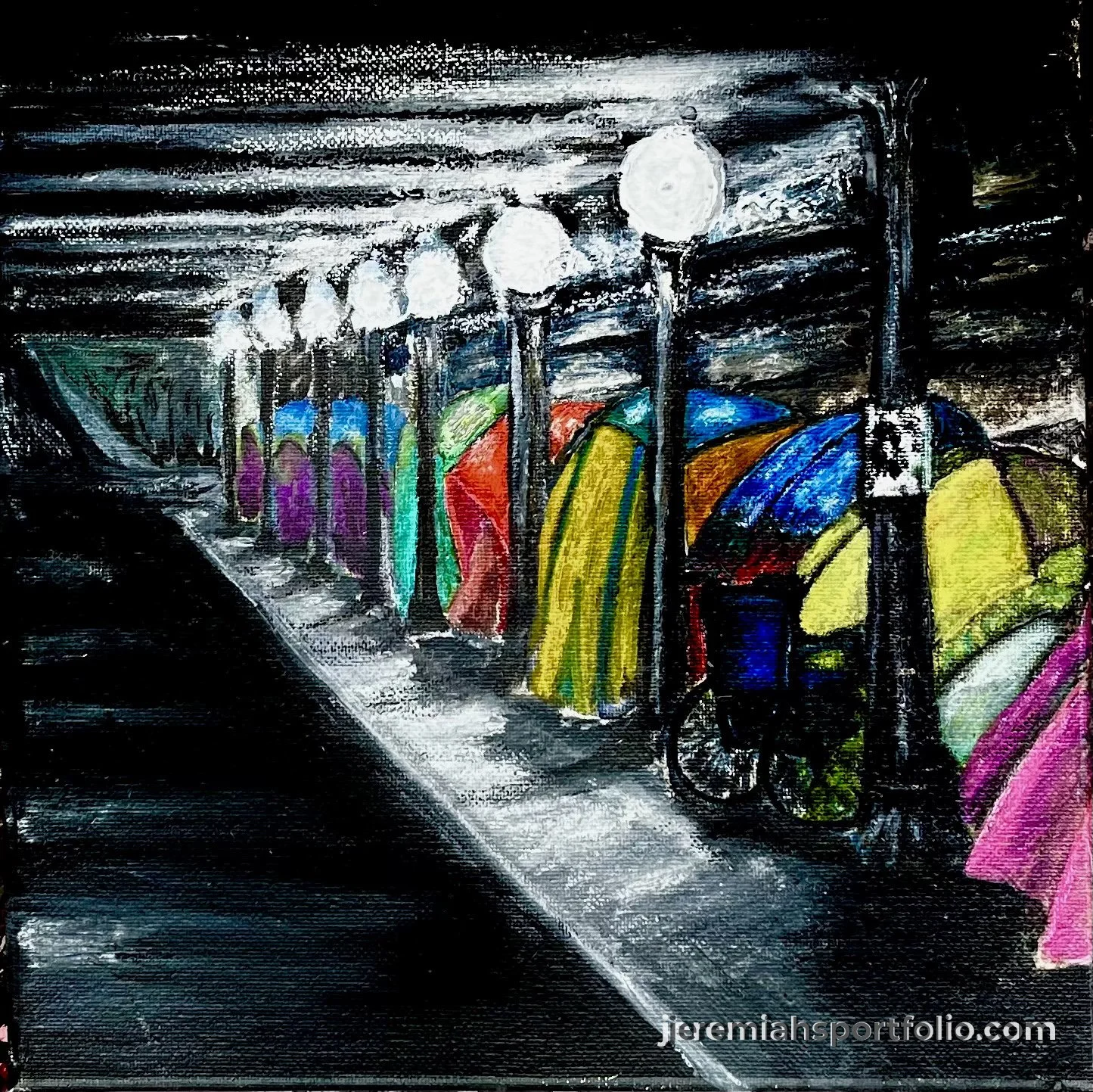 Colorful umbrellas hanging on metal racks inside a store, with a bicycle parked next to them, in an artistic, painted style.