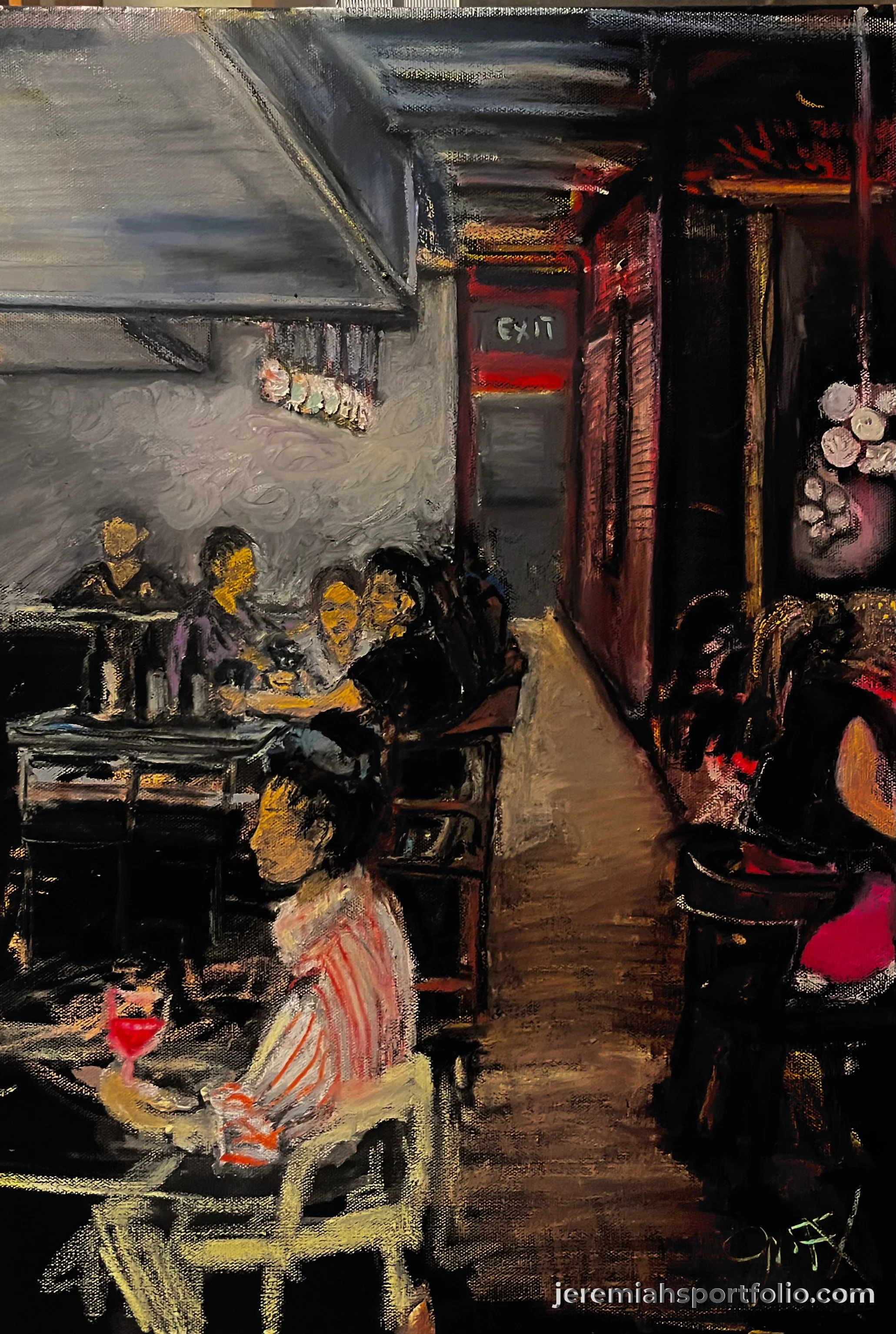 Painting of people sitting on chairs in a restaurant or cafe, with one person in a striped dress and others engaged in conversation, illuminated with warm and vibrant lighting, with a red exit sign and decorative elements visible.