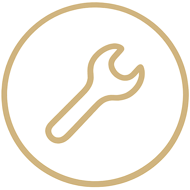 A gold outline of a wrench inside a gold circle.