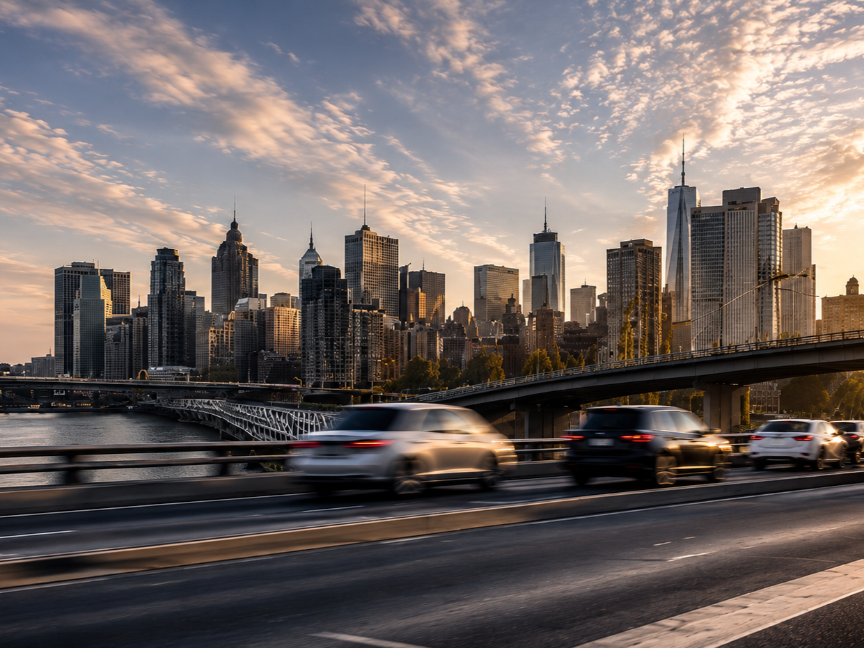 City skyline of skyscrapers across a river at sunset with cars on the highway in the foreground.