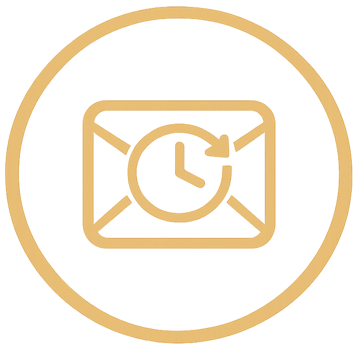 Icon of an email envelope with a clock and a circular arrow, representing scheduled email or email reminder.