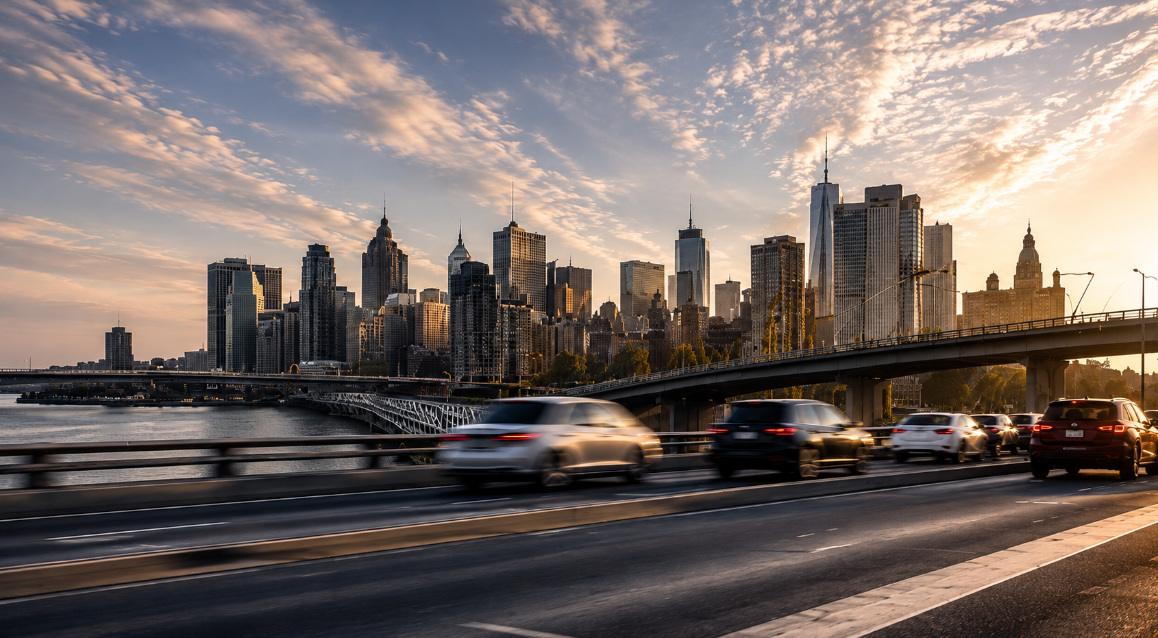 New York City skyline at sunset with skyscrapers, a bridge, and cars on the highway in the foreground.