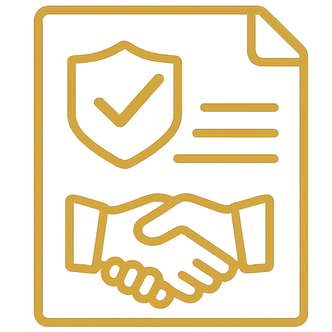 A digital illustration of a document with a shield featuring a checkmark, a handshake, and a checklist, symbolizing security, agreement, and compliance.