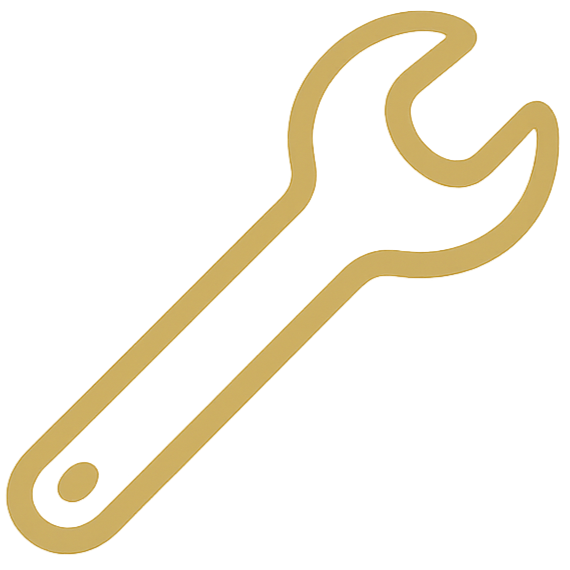 A line drawing of a wrench with a gold outline.