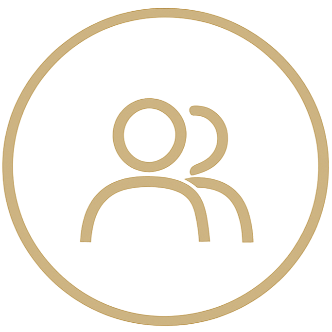 Gold icon of two people, one in front and one slightly behind, within a circular border.