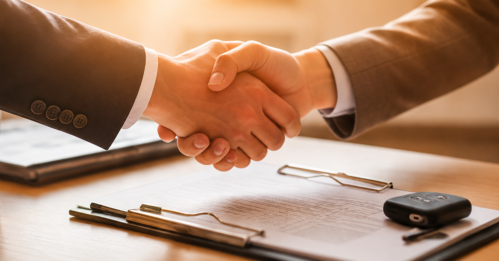 Close-up of two people shaking hands over a desk with documents and a car key on it, indicating a business agreement or transaction.