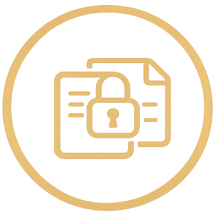 Icon representing data privacy or security, featuring a lock, a file with a document, and a computer screen within a circular border.