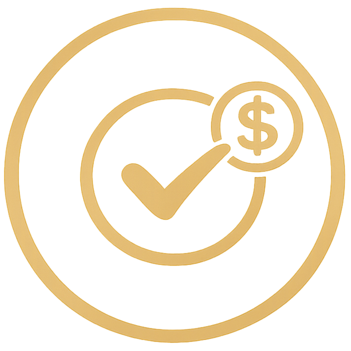 Gold-colored icon of a checkmark inside a circle with a dollar sign on a coin in the upper right corner.