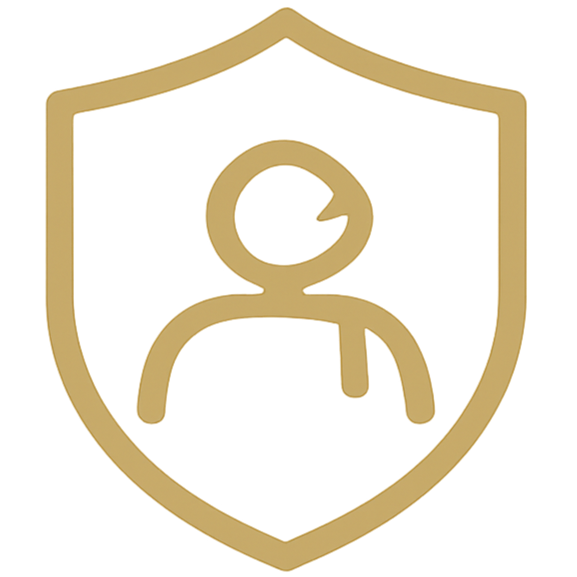 A gold shield with a simple outline of a person inside, representing security or protection.