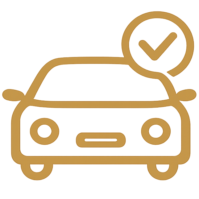 Line art illustration of a car with a checkmark in a circle above it.