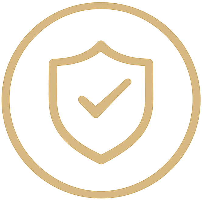 Gold shield icon with a checkmark inside, enclosed in a gold circular border