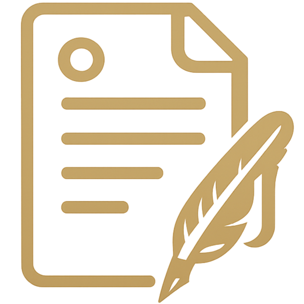 Gold outline of a document with lines of text and a circle, accompanied by a quill pen.
