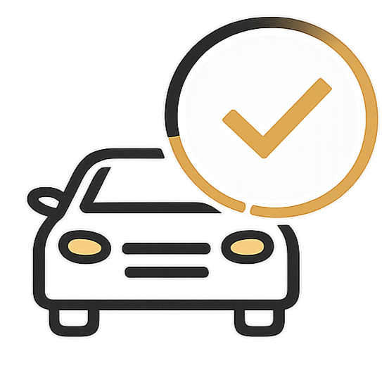 Car with a checkmark symbol and a stack of papers or files.