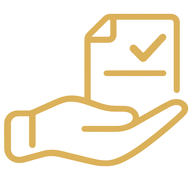 Outline of a hand holding a banknote with a checklist icon on a document above it.