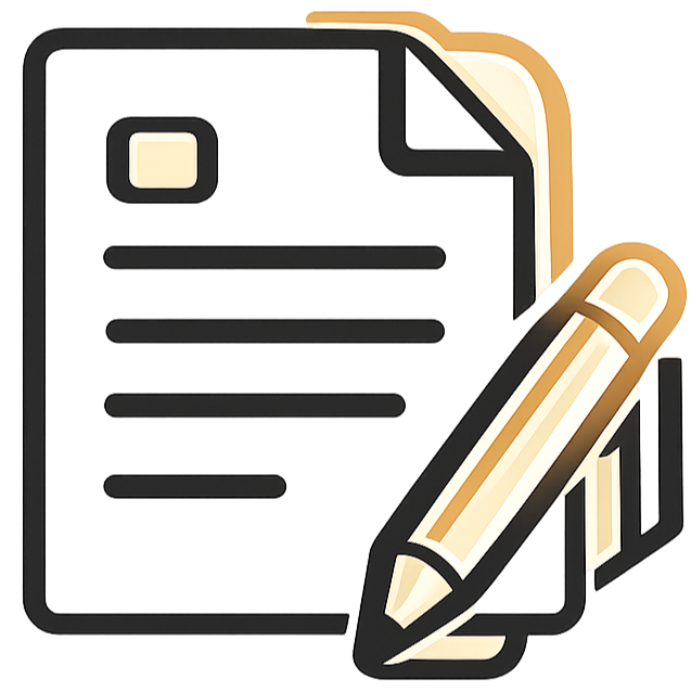 A digital icon of a document with a pen, representing writing or editing.