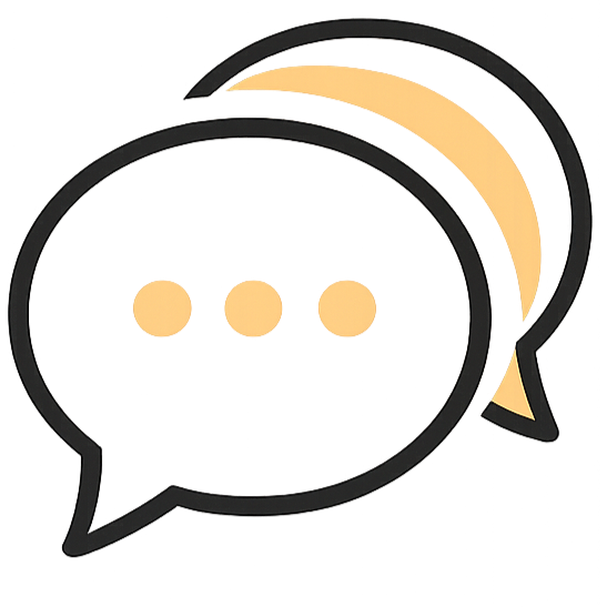 Two overlapping speech bubbles, one black outline with speech lines inside, the other filled with blue and yellow shapes resembling chat or conversation icons.