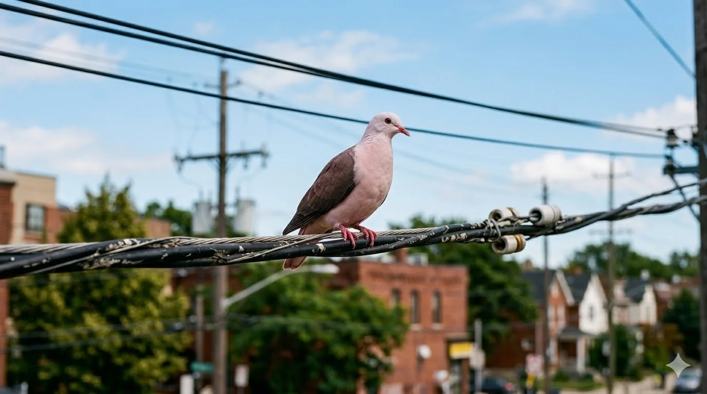 A pink and brown pigeon perched on an electrical wire with a suburban neighborhood in the background.