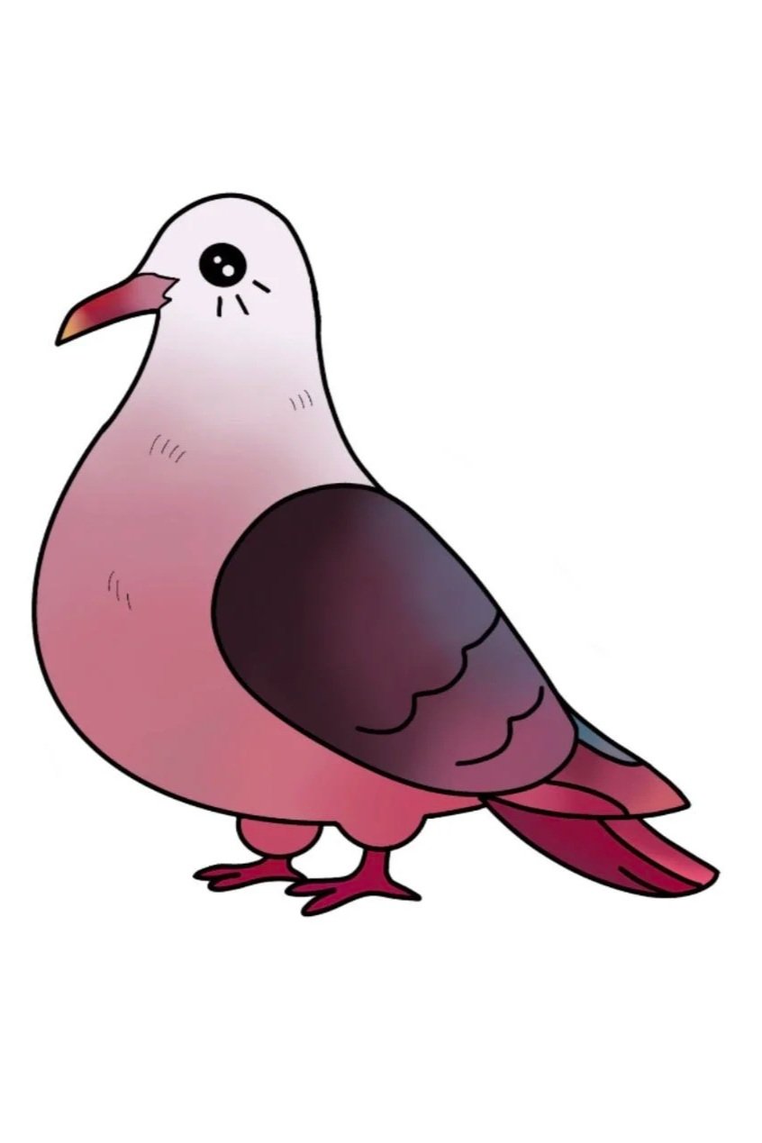 A cartoon illustration of a pigeon with a white head, pink body, purple and black wings, pink legs, and a red beak.