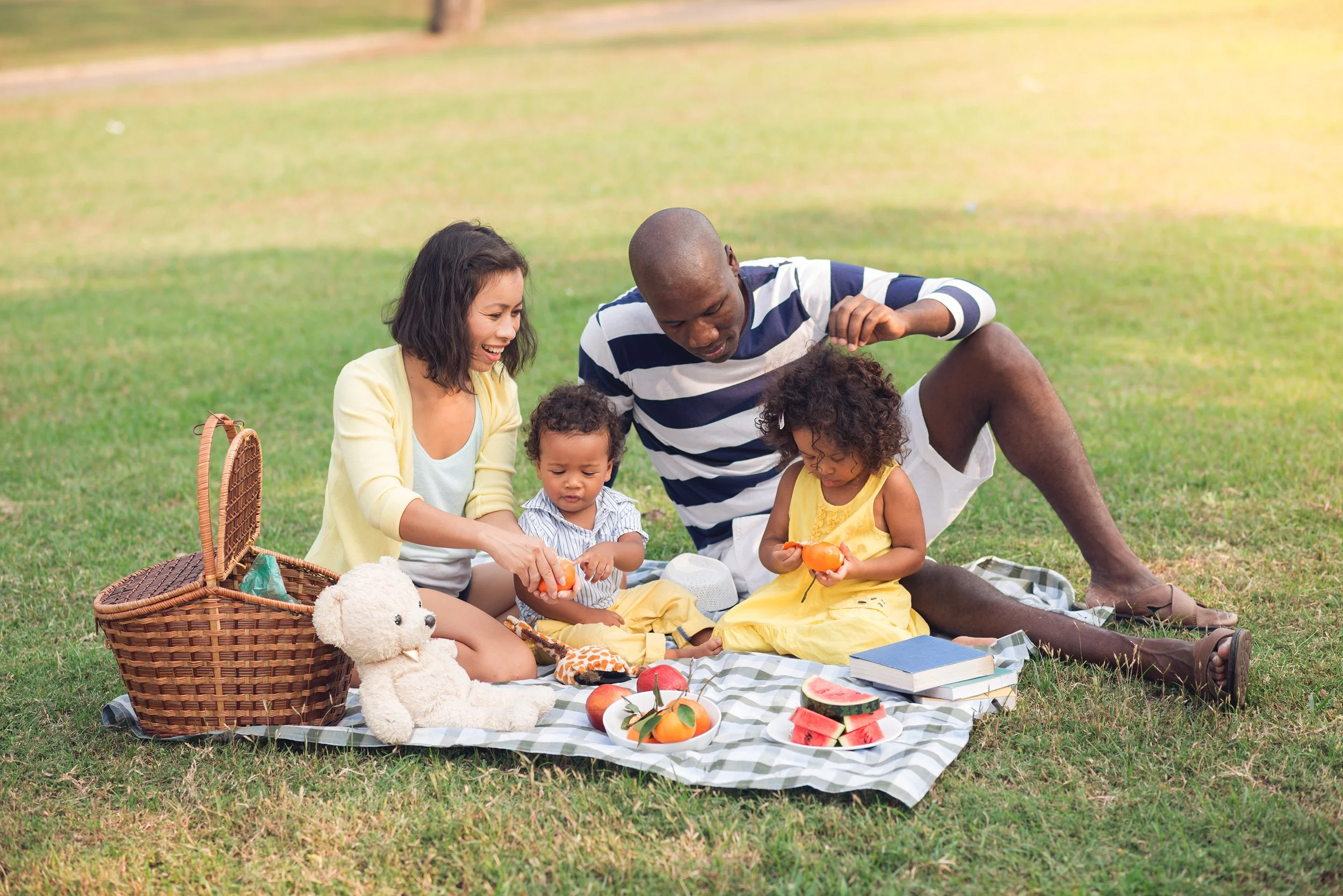 Mother and father having a picnic with two young children in the park