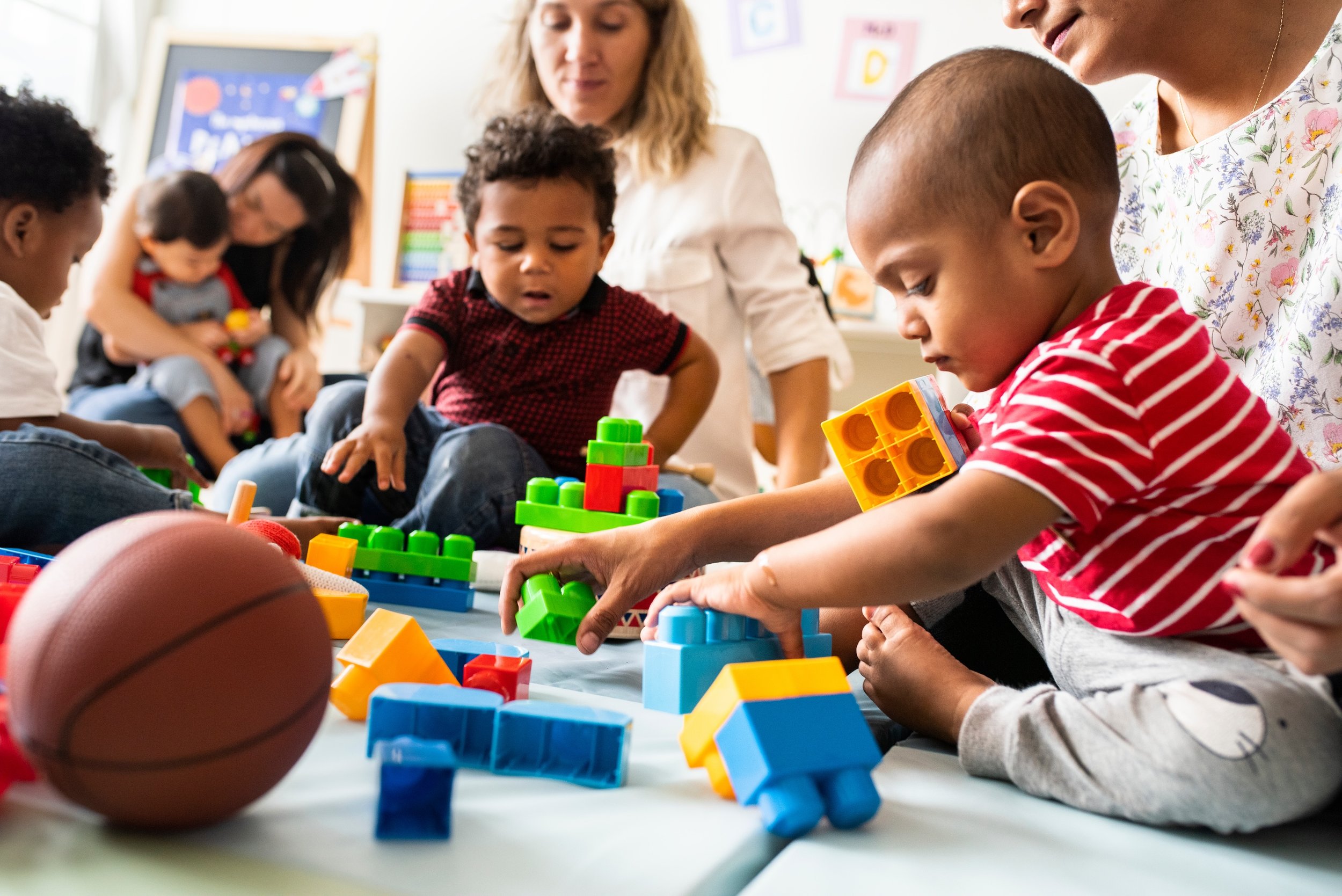 Young boys playing with blocks