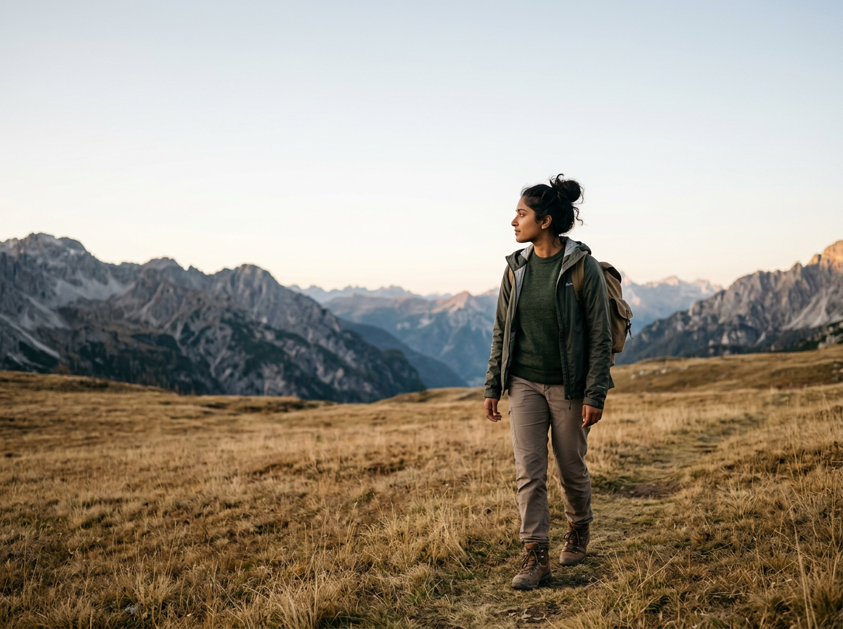A woman hiking in mountains looking into the distance, sunset