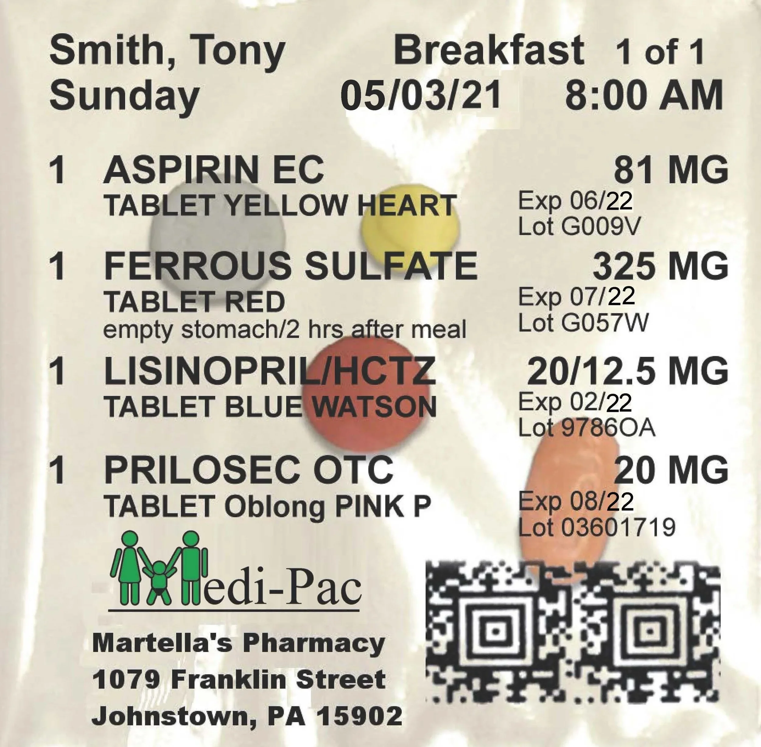 Pharmacy label listing medication information, including a yellow heart-shaped pill and red tablet, with details such as medication name, dosage, expiration date, and lot number, and a QR code at the bottom right corner.