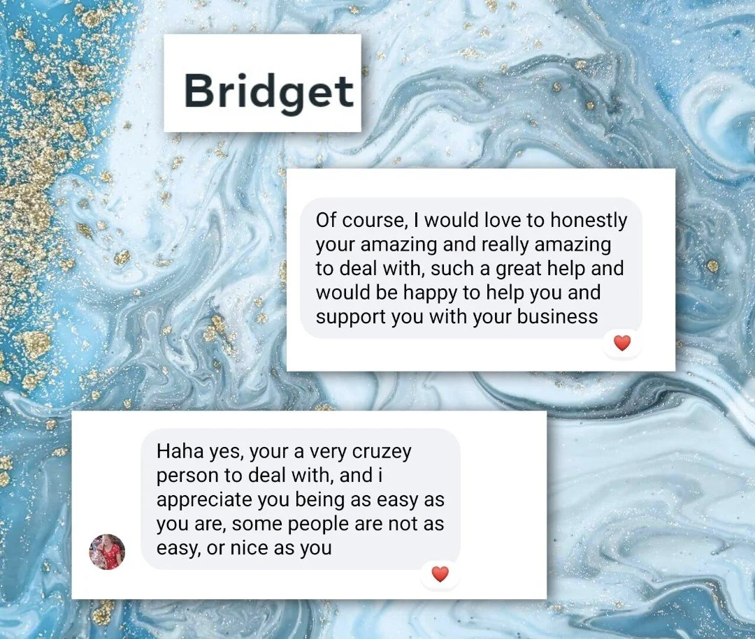 Screen shot of a social media or messaging app conversation over a blue marbled background with gold accents. The conversation features a person named Bridget and another person, with Bridget's messages expressing willingness to help with a business and the other person complimenting Bridget's personality.
