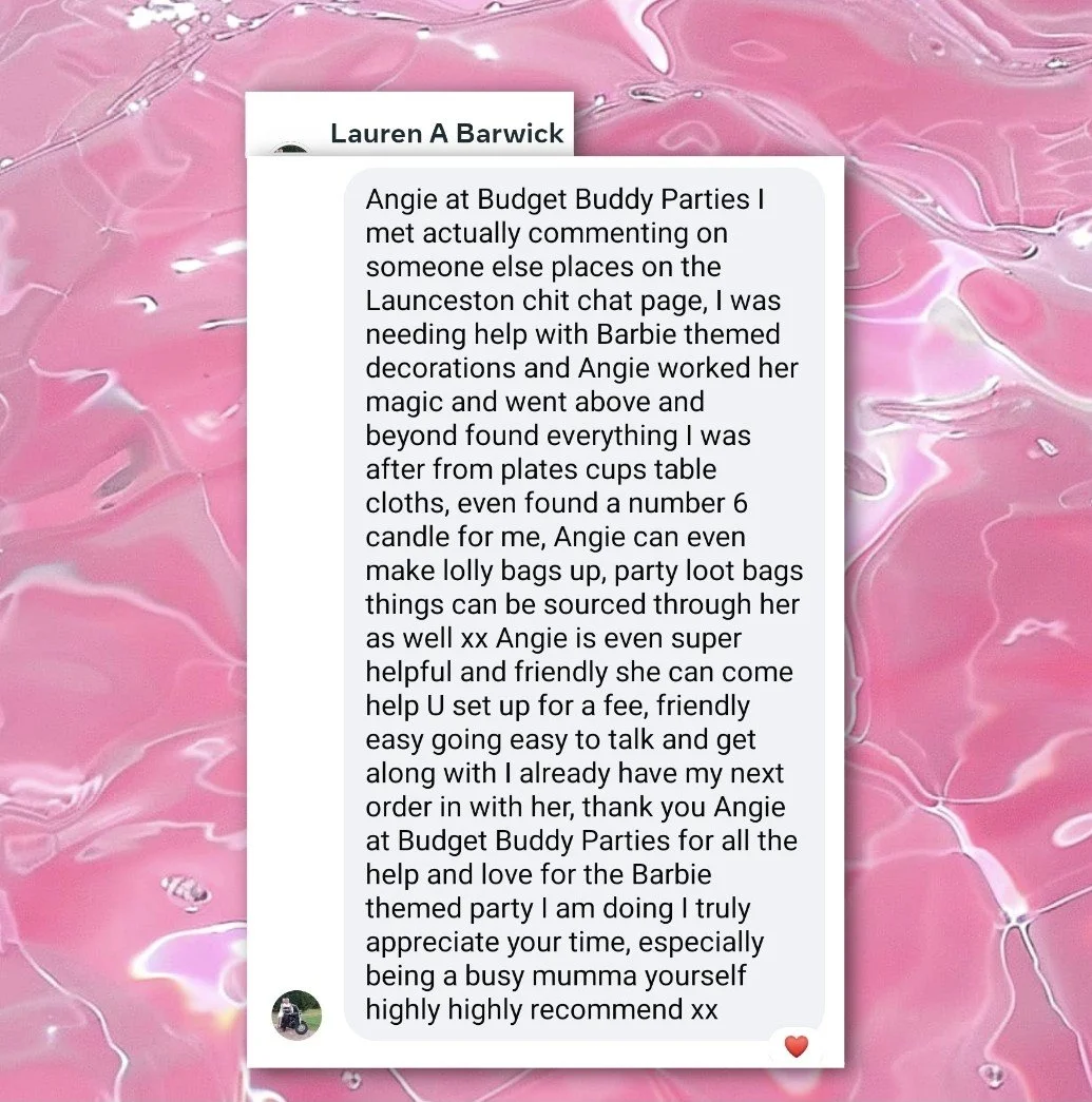 Screenshot of a Facebook message praising Angie from Budget Buddy Parties for her help with Barbie-themed party decorations and party supply sourcing, with a pink marbled background.
