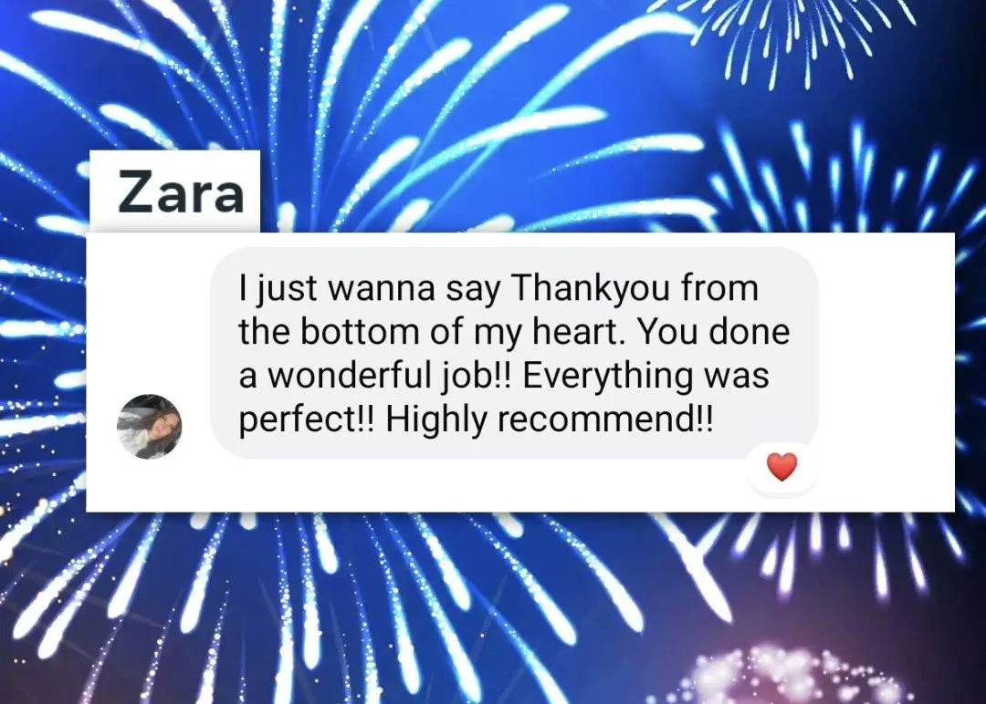 A message of appreciation from Zara over a background of blue and white fireworks at night.