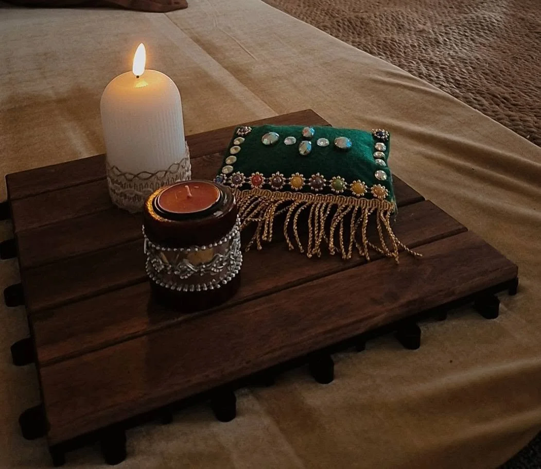 Handmade items for henna event, battery operated candles, craft, gems, floor padding, henna, pre wedding celebration, indian