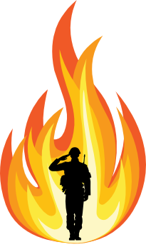 Silhouette of a soldier saluting in front of stylized flames.