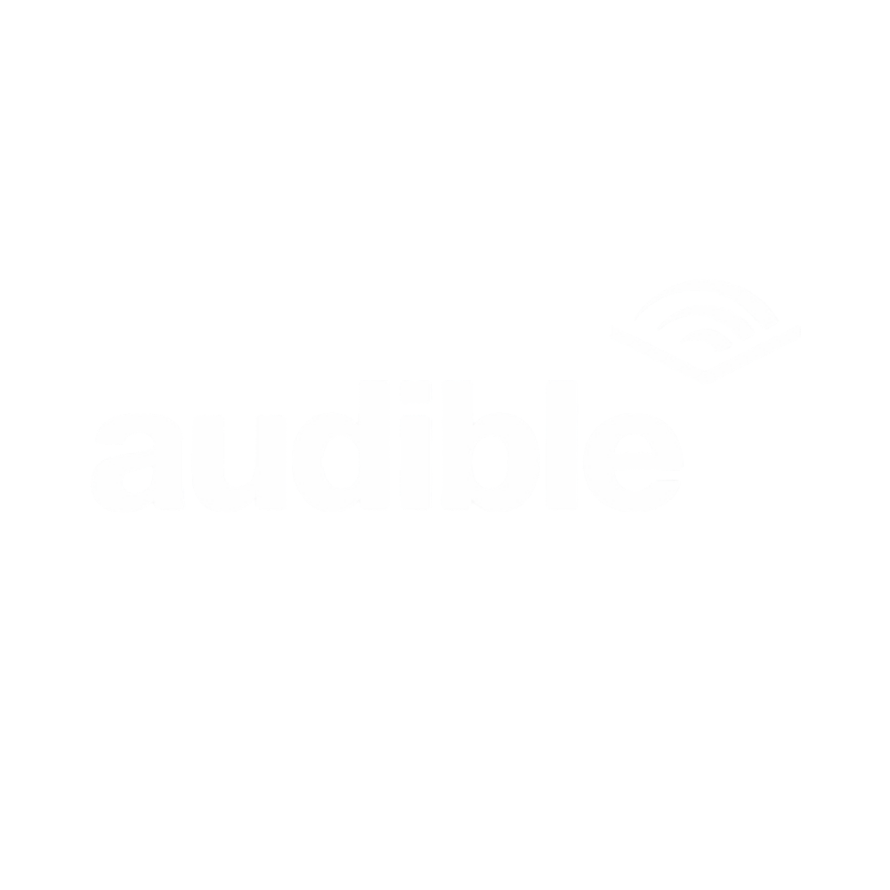White Audible logo featuring text and a stylized sound wave icon on a black background.