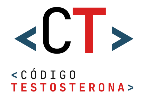 Logo con letras y símbolos que dice <CT> en grande y <CÓDIGO TESTOSTERONA> debajo con la T y TESTOSTERONA en rojo.