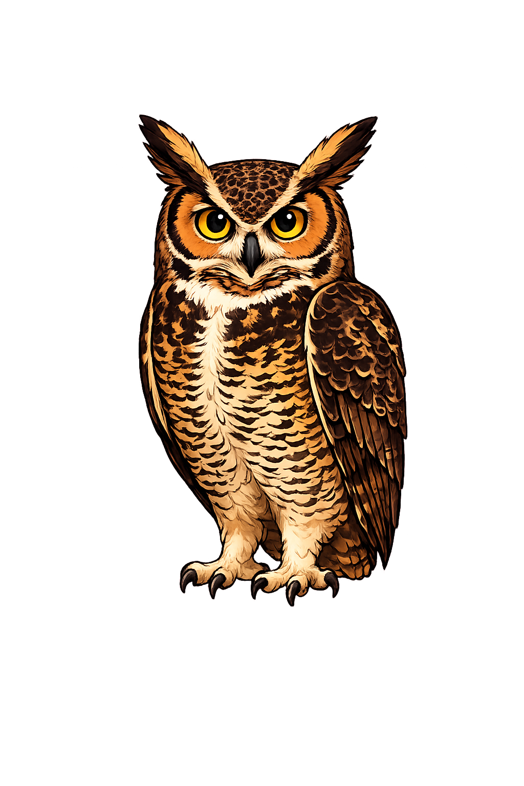 An illustrated owl with yellow eyes and detailed brown and cream feathers against a pink and black background.