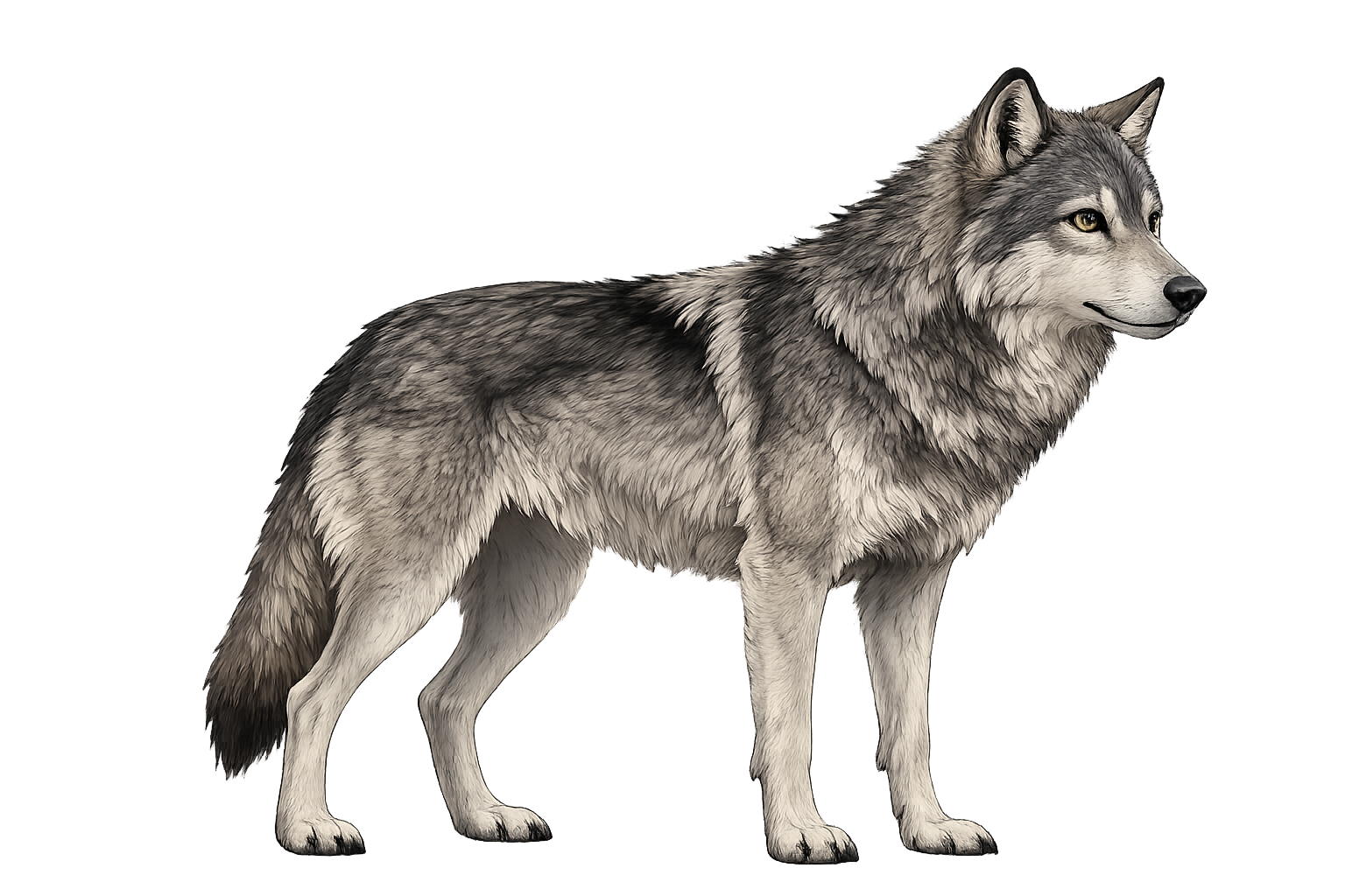 Illustration of a wolf standing on a neutral background.