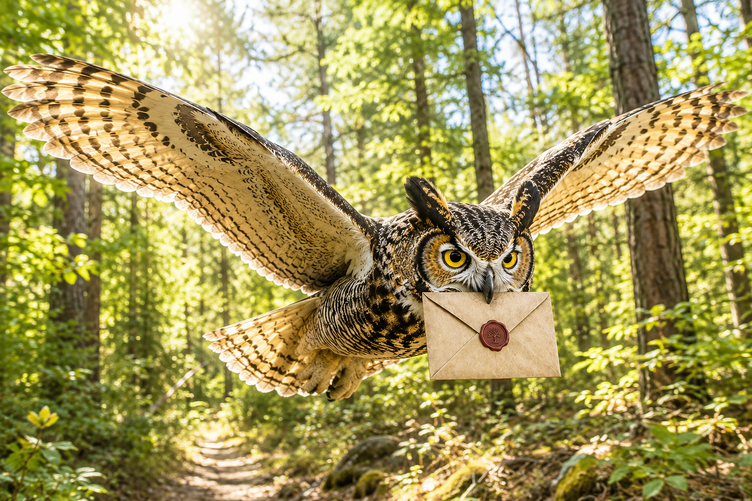 An owl flying through a forest with a letter in its beak.