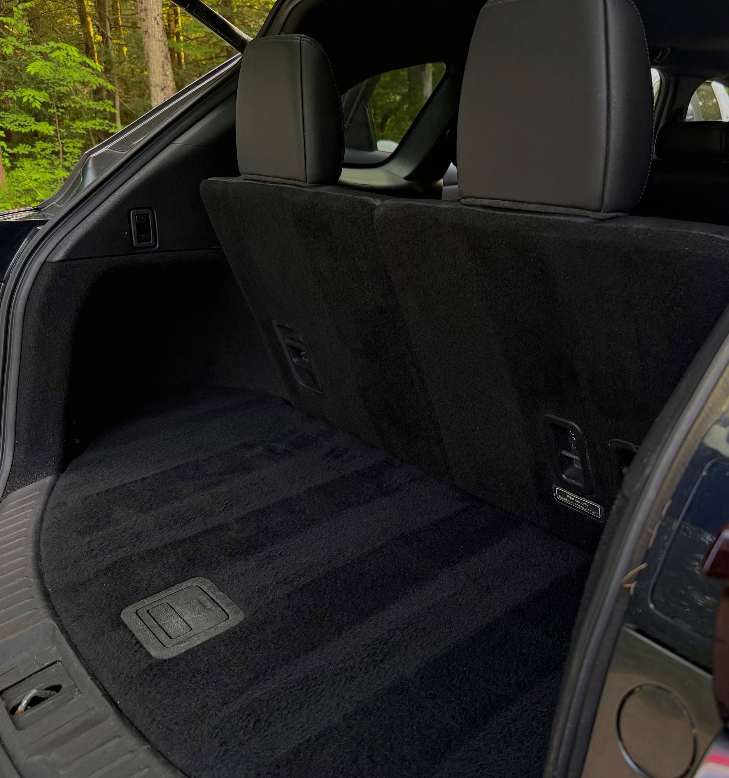 Close-up of the interior of a vehicle, showing the black carpeting, the back of two front seats, and part of the rear seats with a forest visible through the windows.