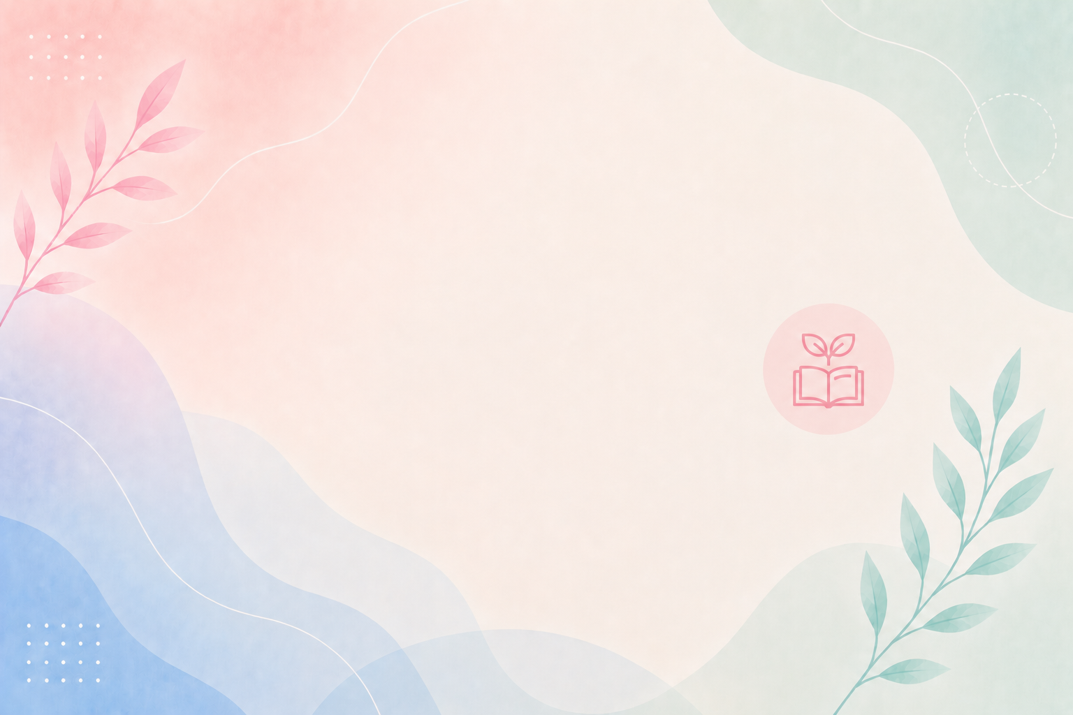 A soft pastel-colored background with leaf illustrations and a location icon showing an open book with a leaf on top.