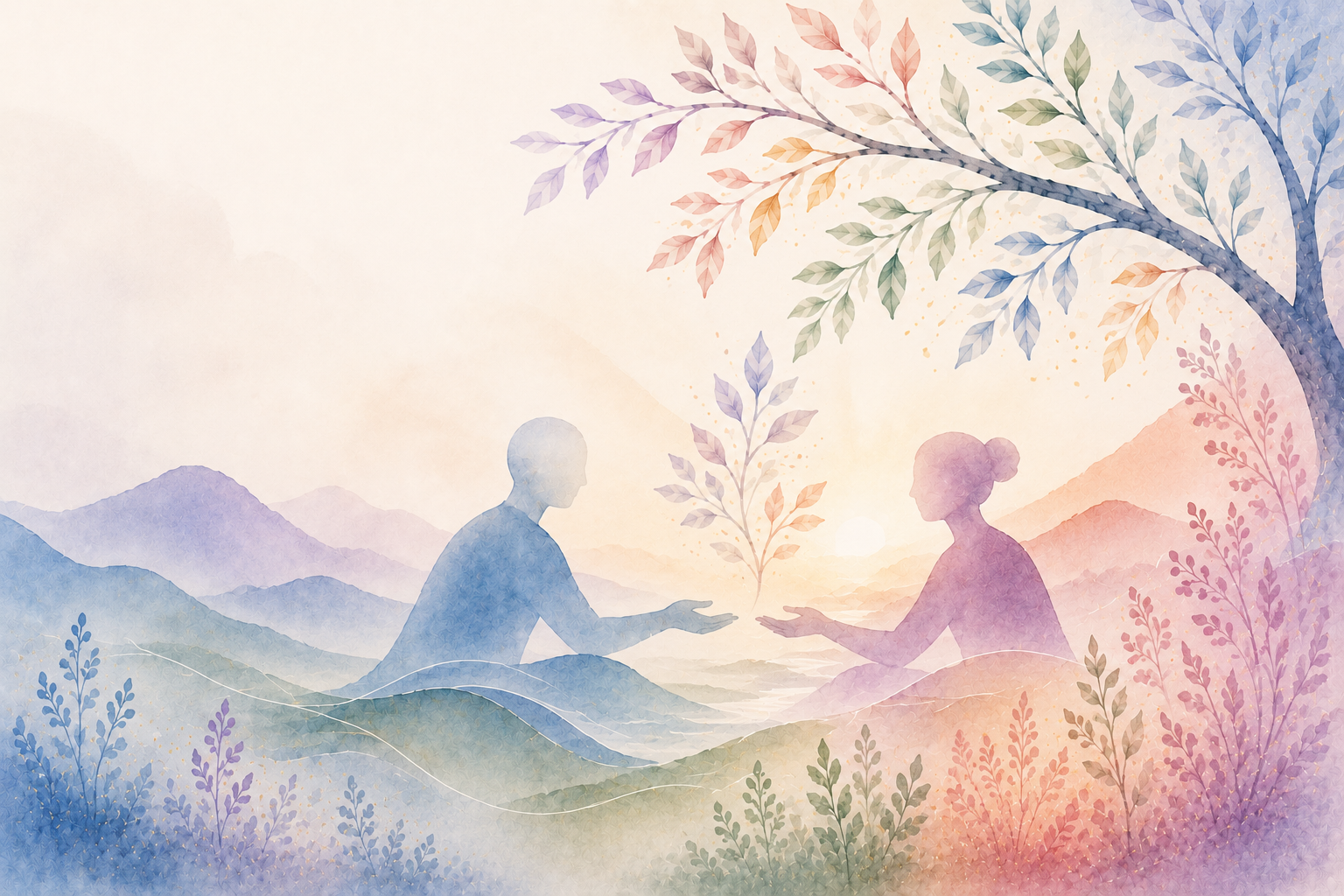 Watercolor artwork of two abstract female figures reaching out to each other with a glowing orb between them, set against a pastel landscape with mountains, trees, and a large tree on the right.