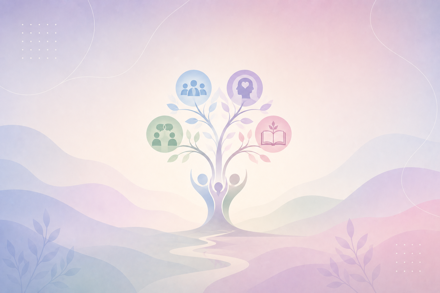 Abstract illustration of a tree with six branches, each branch with a circular icon representing different concepts: people, thoughts, learning, and connection, set against a pastel-colored background of hills and abstract shapes.