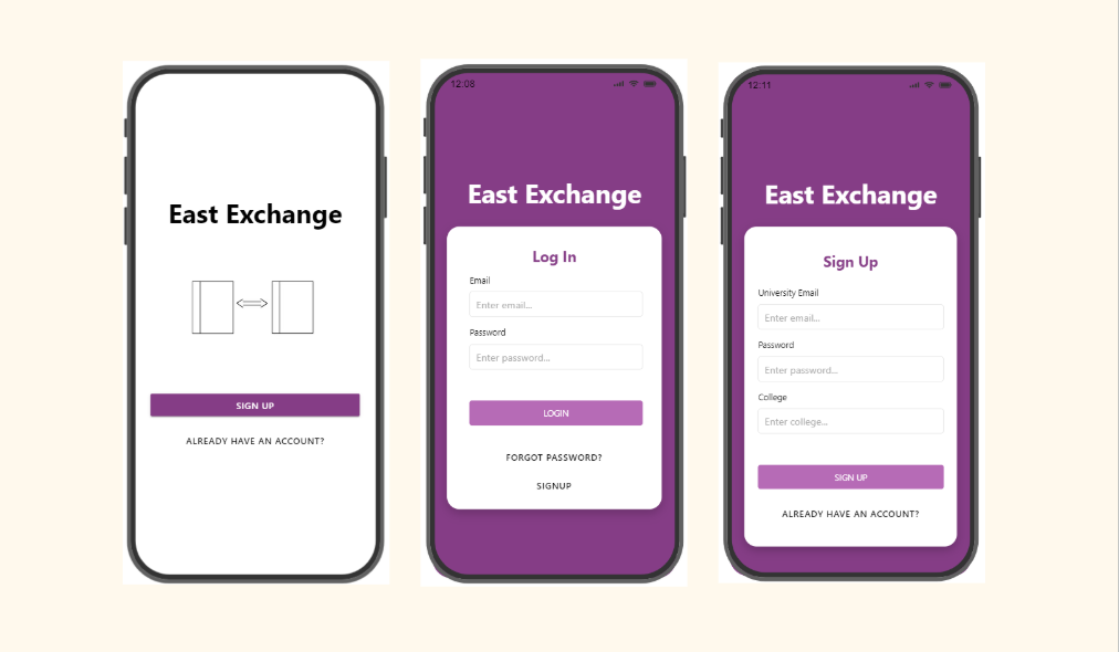 Image Demonstrating The Home Page, Log In Page and Sign In Page