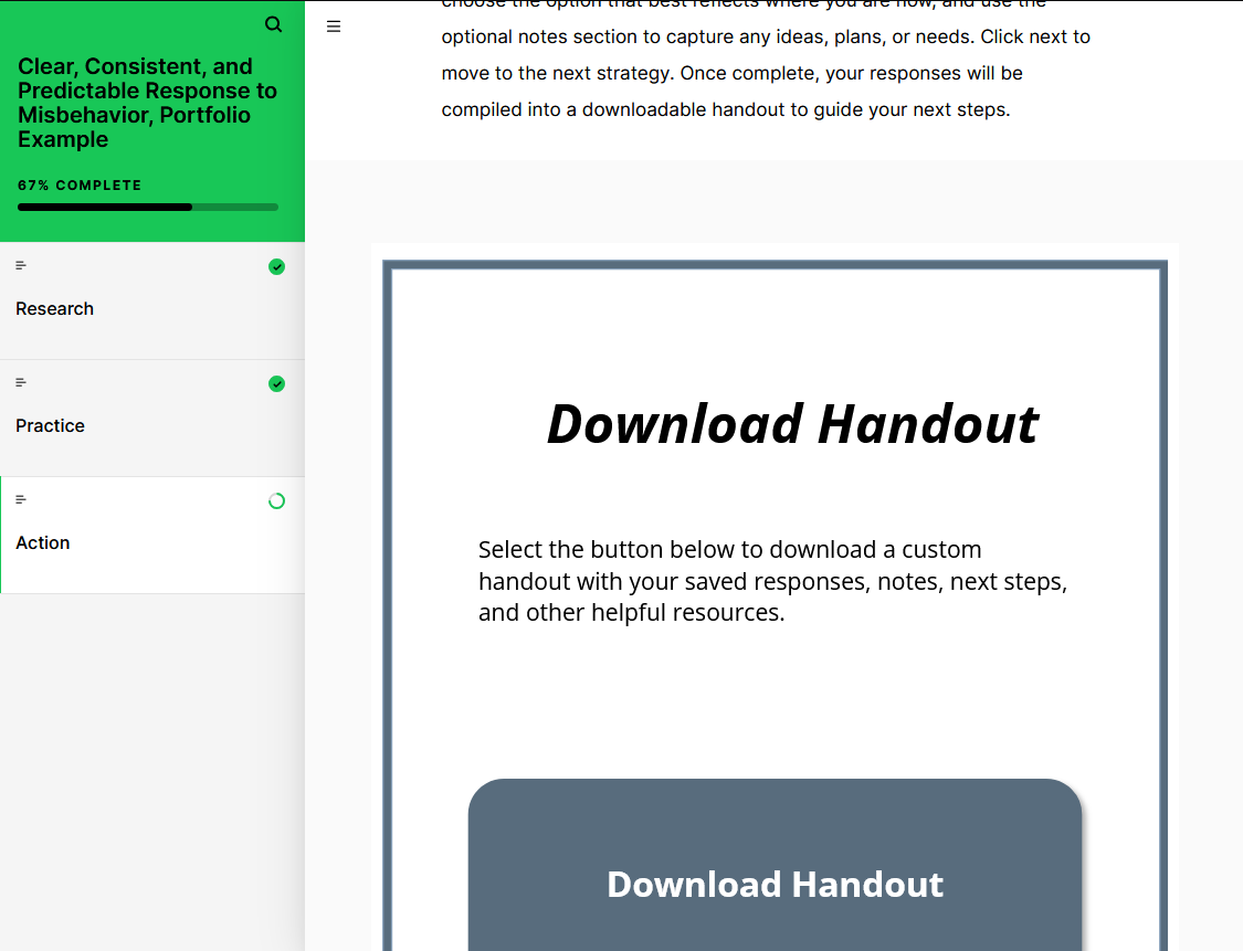 Screenshot of Rise module demonstraiting a incorporated SToryline module that allows them to download a handout.