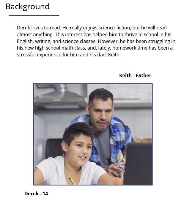 Screenshot from an interactive activity. The shot shows a picture of father and son with details about the son's school difficulties.