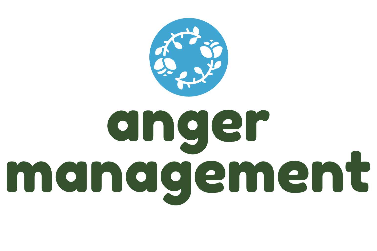 Logo for 'Anger Management" with a blue circle containing white floral design and the text 'anger management' in green below.