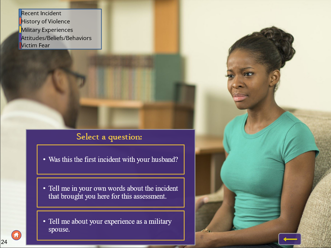Screenshot from a module displaying a mock interview between a woman and a counselor.