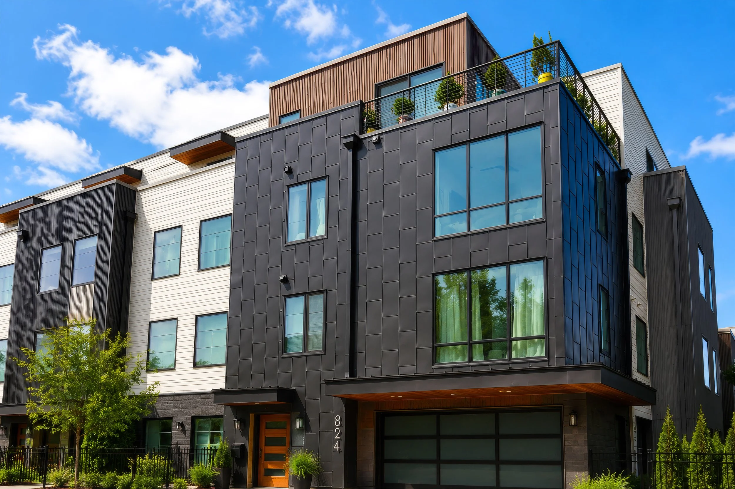 Modern multi-story residential building with black, white, and brown exterior panels, large glass windows, and a rooftop terrace with potted plants, under a bright blue sky with scattered clouds.