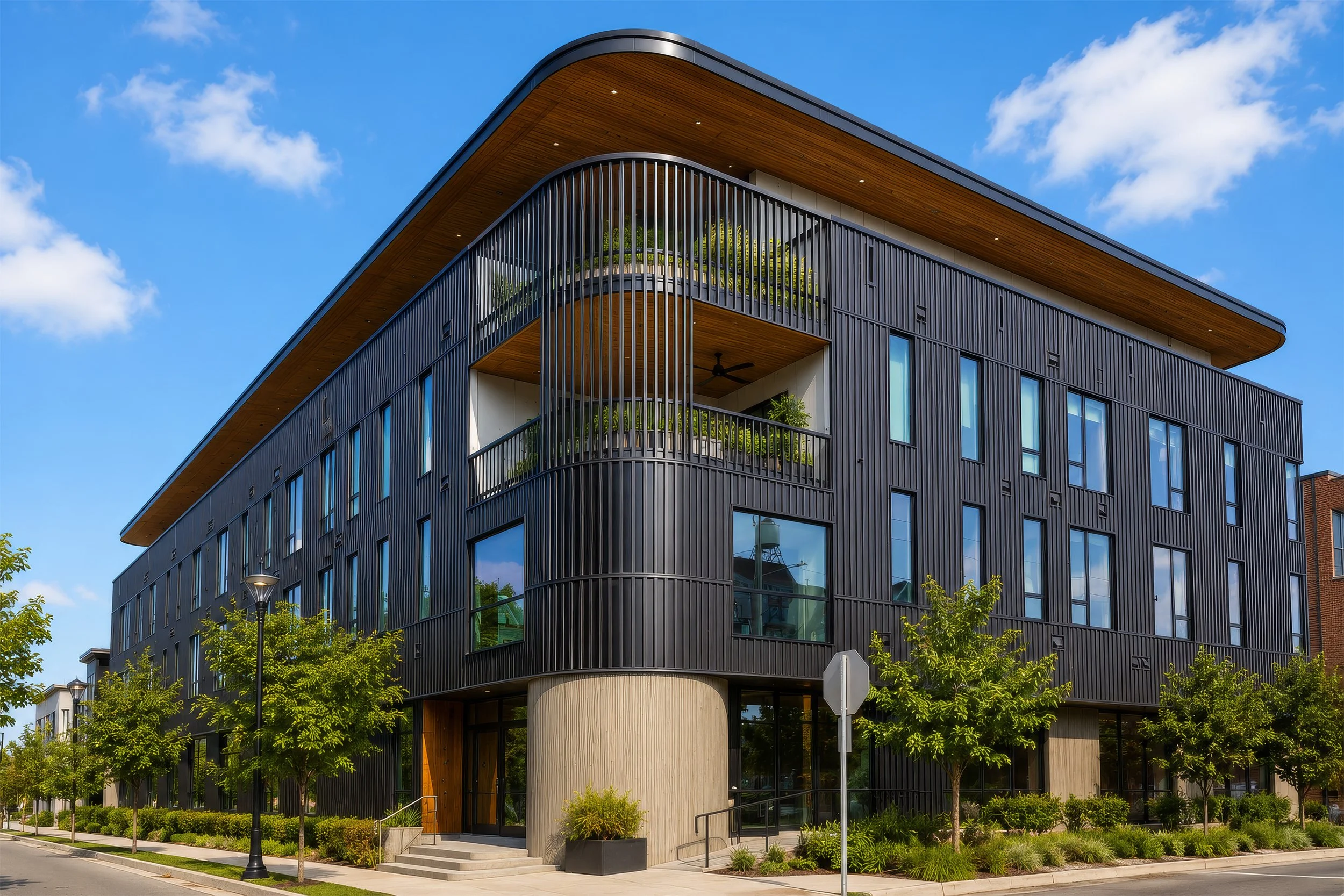 Modern multi-story building with black vertical siding, curved balconies with greenery, and a wood-lined roof overhang, surrounded by trees and clear blue sky.
