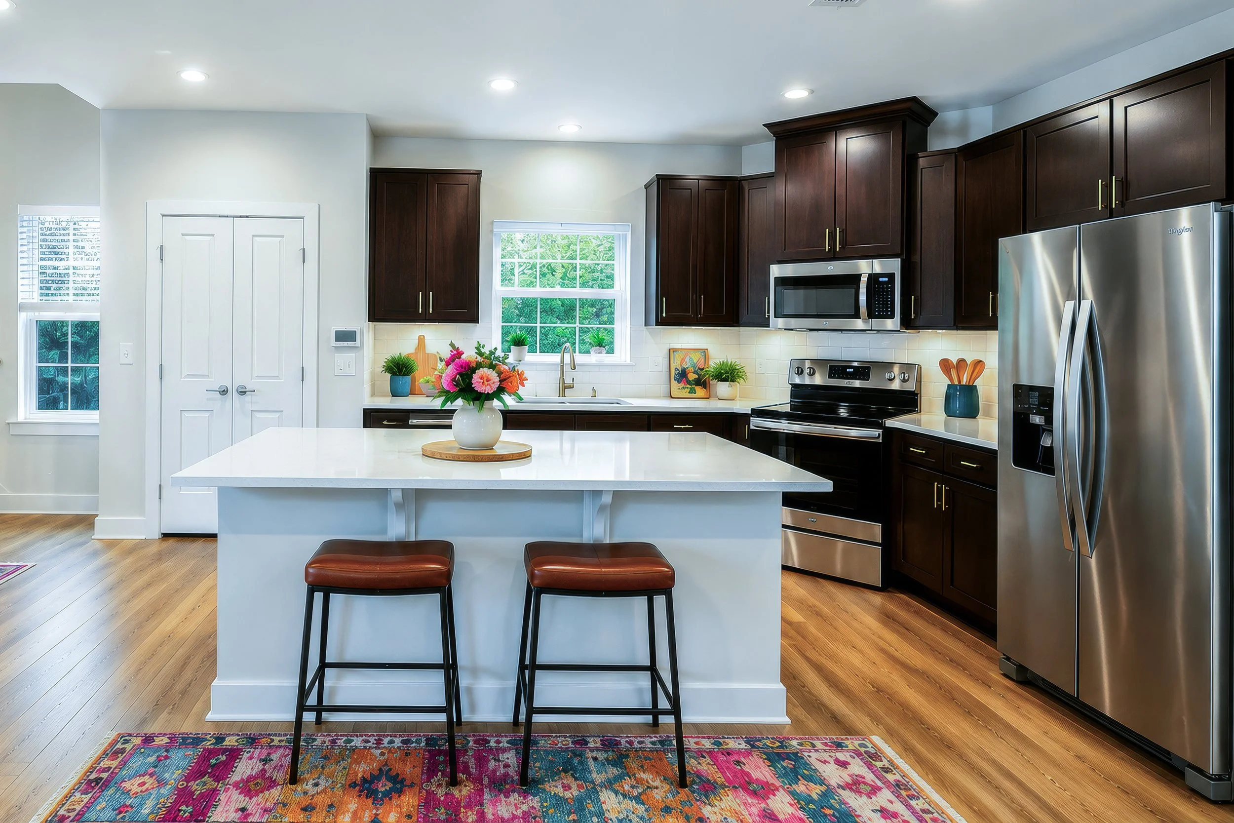 Modern kitchen with dark wood cabinets, stainless steel appliances, a white island with two bar stools, a colorful rug, and a vase of pink and orange flowers on the island.